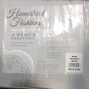 New sheets for a queen size bed, grey, 4-piece set, still packaged & unopened